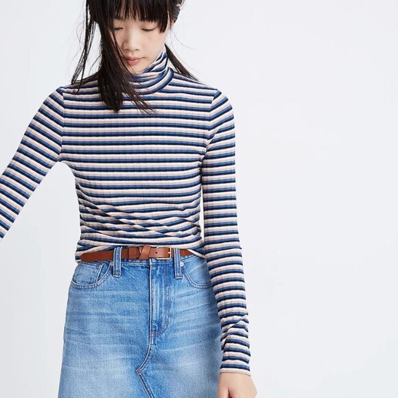 Madewell Lightweight Ribbed Turtleneck Top in Stripe EUC Size X-Small - Picture 1 of 8